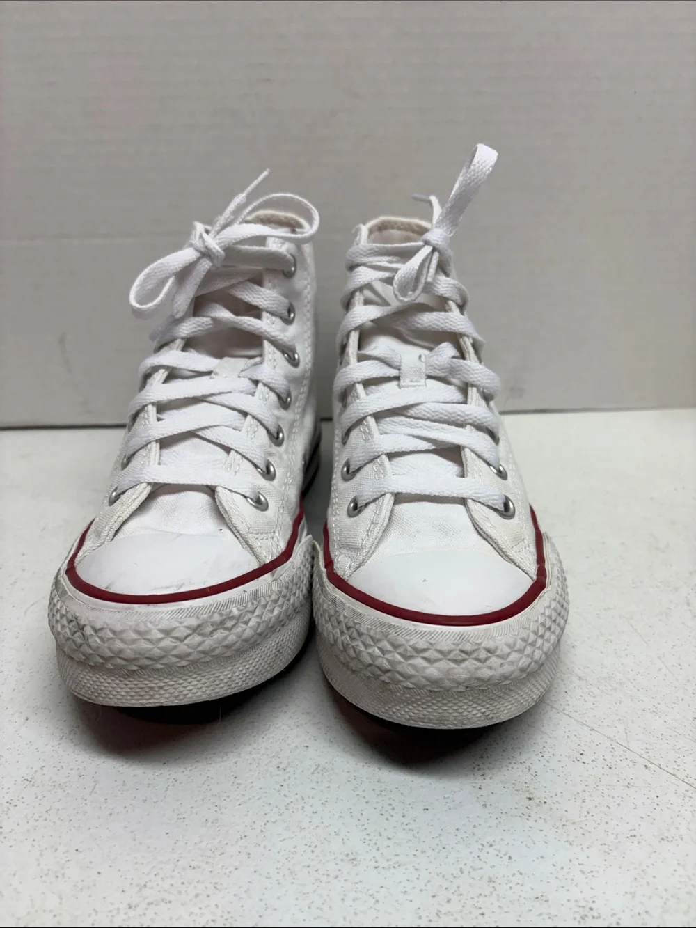 Converse White High Top Sneakers with Red and Blue Stripes